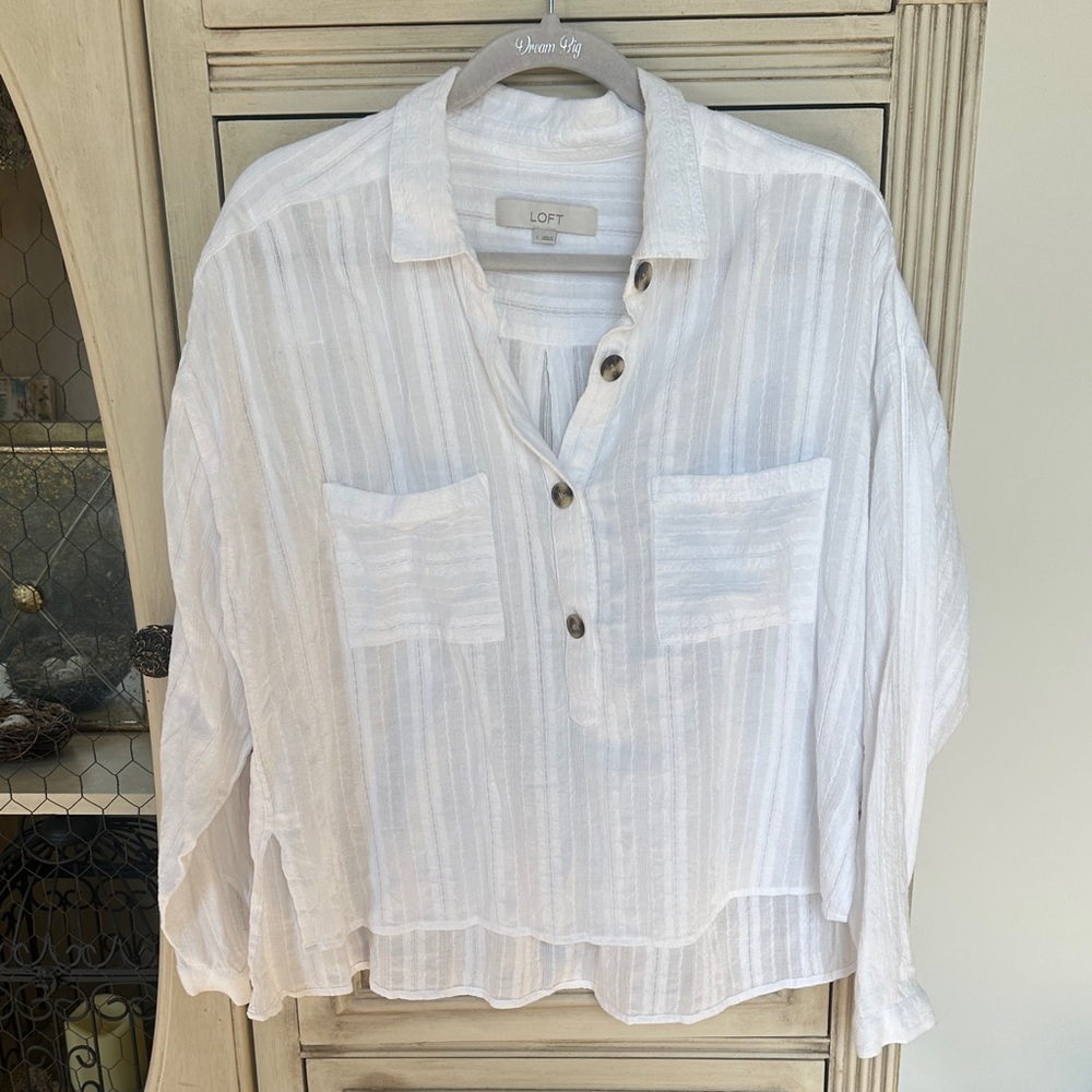 LOFT Cream Striped Button-Up Blouse